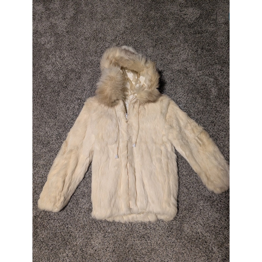 Princess Caravelle Vintage Real Rabbit‎ Fur Hooded Jacket Cream Fox Trim Size 7